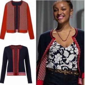 CAbi Faye Deadline Reversible Navy Red White Striped Cardigan Sweater